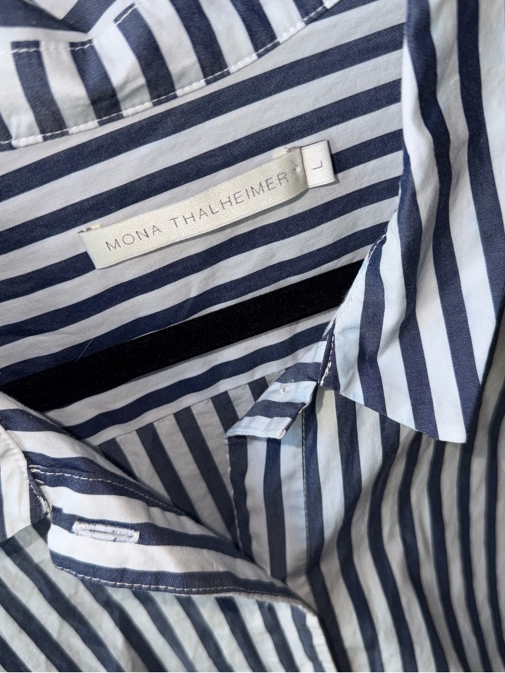 Mona Thalheimer Women’s Navy/White Striped Button-Up Tunic Shirt w/adj tie waist